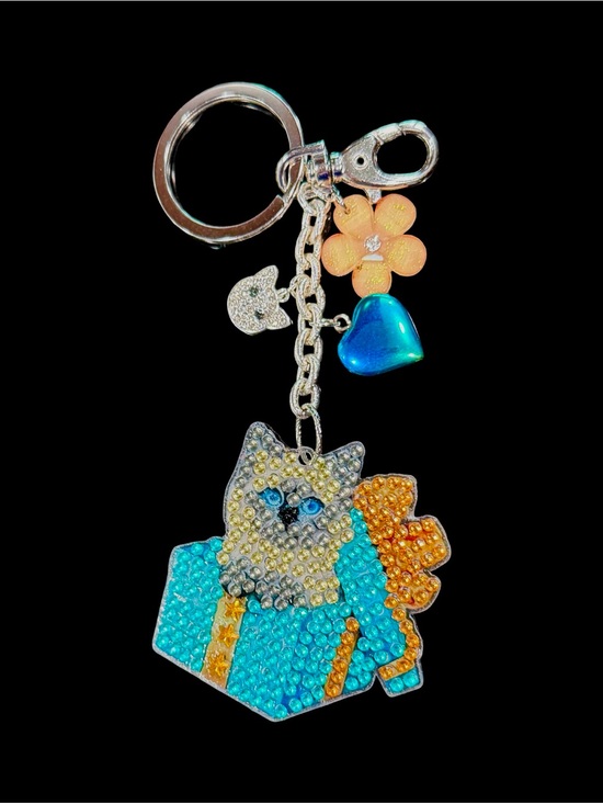 Hand Crafted Accessories - Diamond Painted Cat Keychain – Sealed with Premium Charms & Crystal Accents